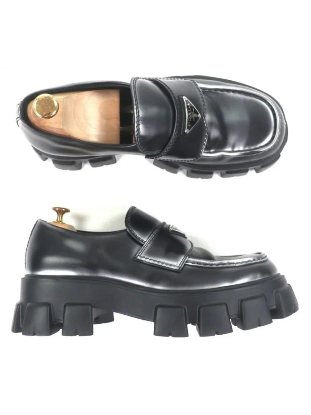★SOLD★ Prada Monolith Triangle Logo Plate Track Sole Leather Shoes Loafers Black - Picture 5 of 10